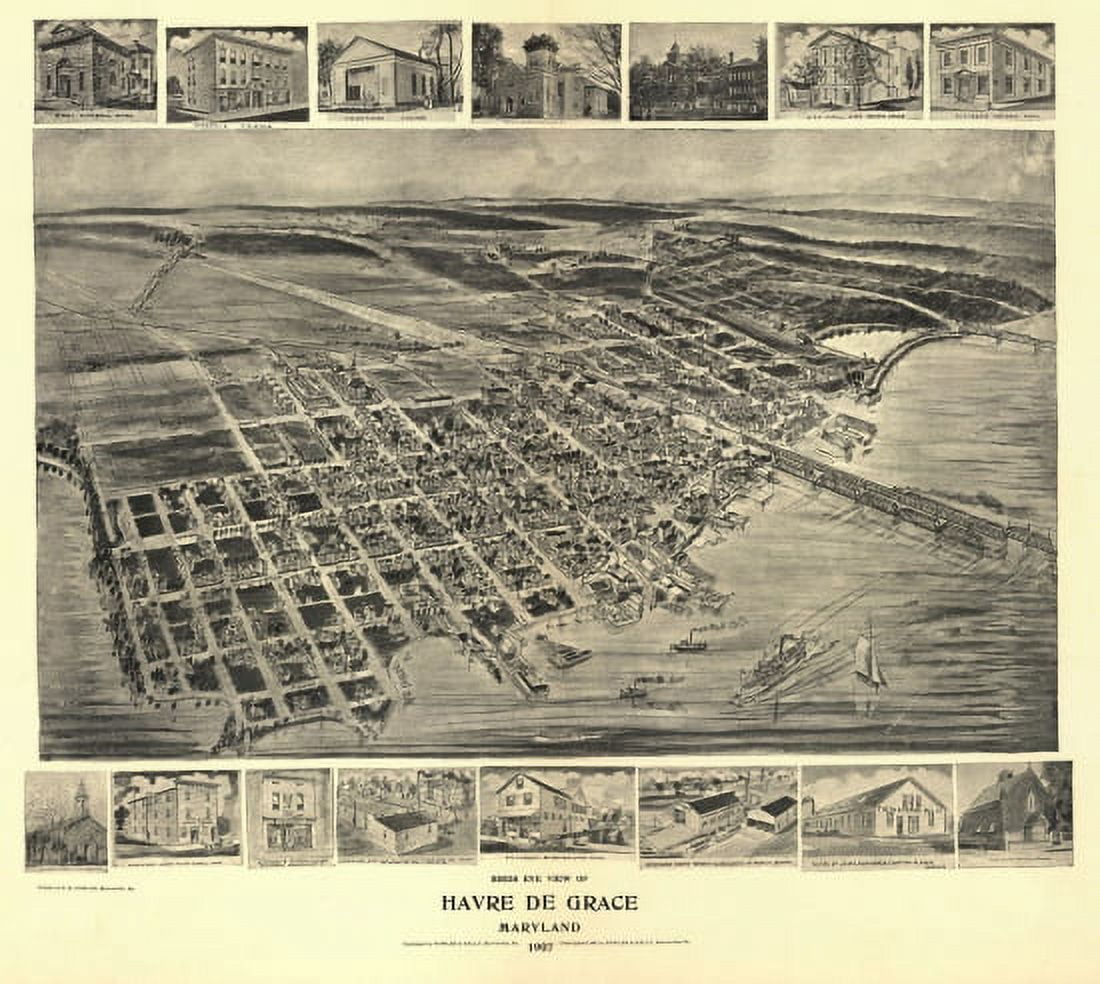 Antique Map of Havre de Grace Maryland 1907 Hartford County Canvas Art - (36 x 54)