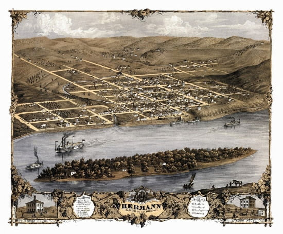 Antique Map of Hermann Missouri 1869 Gasconade County Canvas Art - (36 x 54)