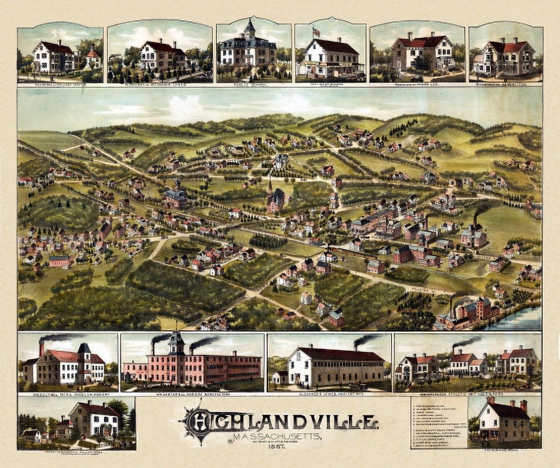 Antique Map of Highlandville Massachusetts 1887 County Canvas Art - (36 x 54)