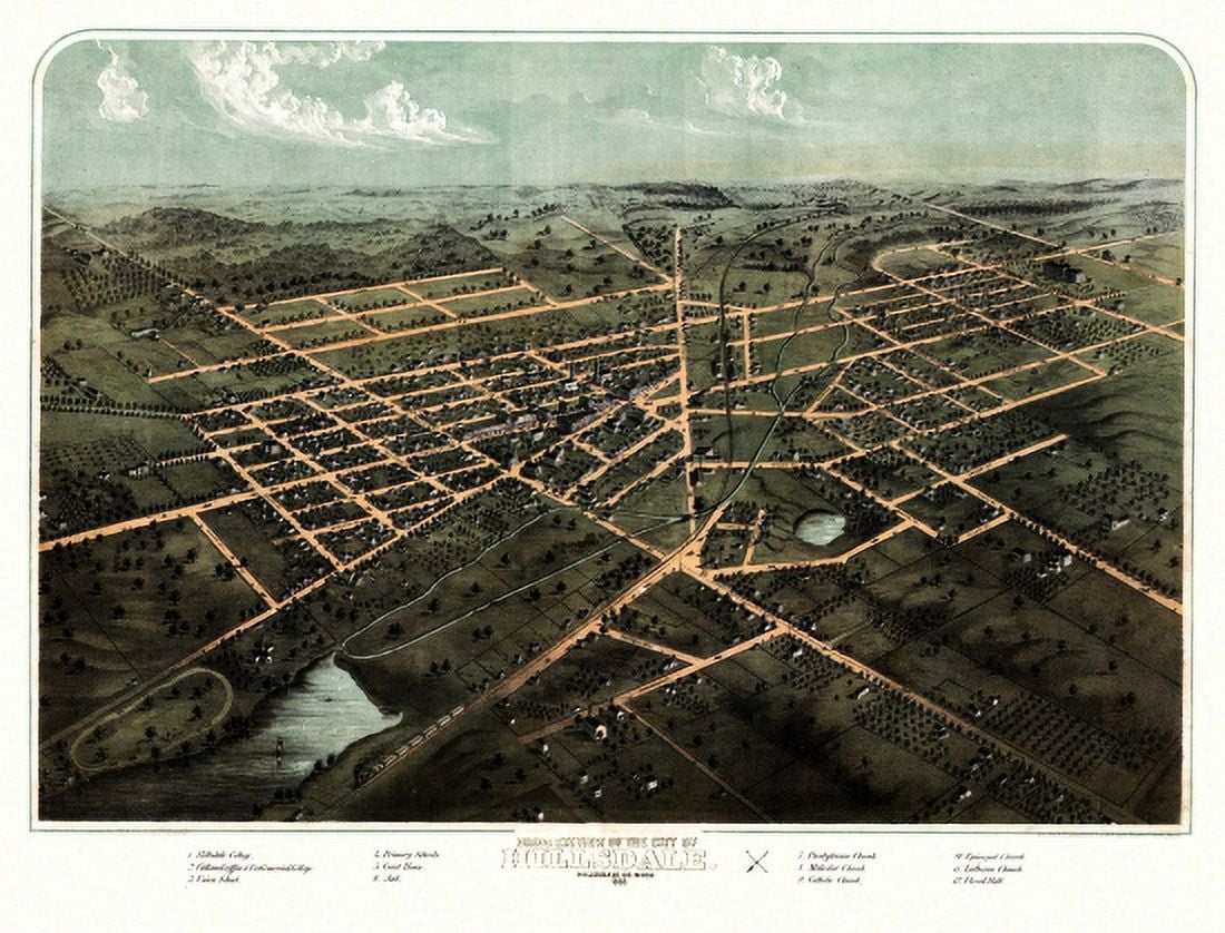 Antique Map of Hillsdale Michigan 1866 Hillsdale County Canvas Art - (36 x 54)