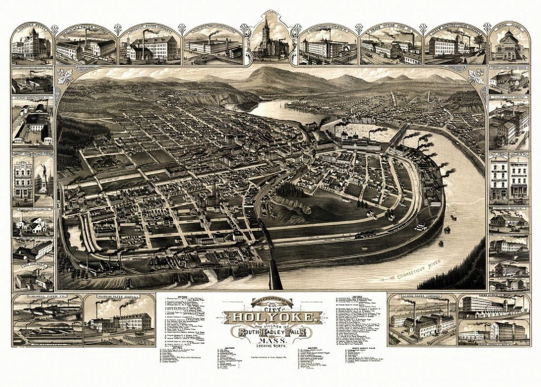 Antique Map of Holyoke Massachusetts 1881 Hampden County Canvas Art - (24 x 36)