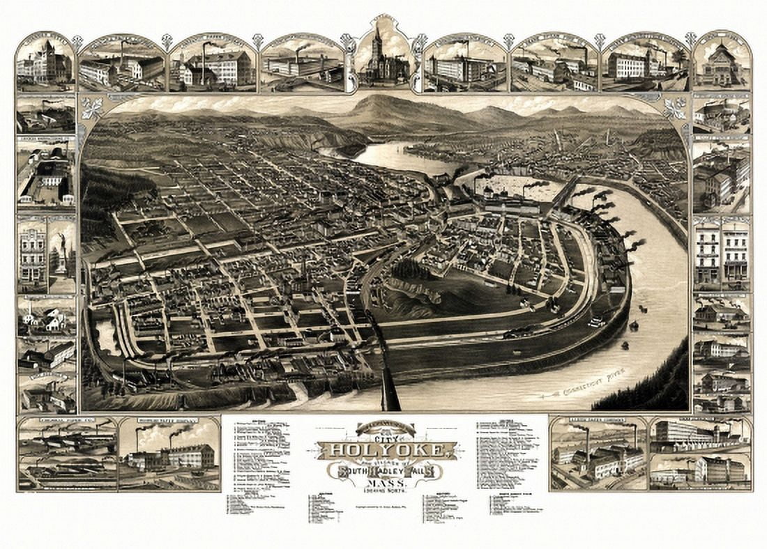 Antique Map of Holyoke Massachusetts 1881 Hampden County Canvas Art - (36 x 54)