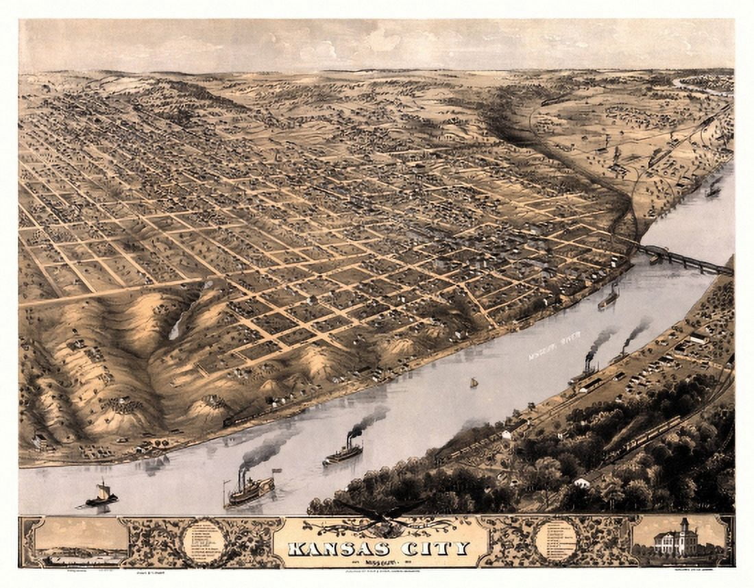 Antique Map of Kansas City Missouri 1869 Clay County Canvas Art - (24 x 36)