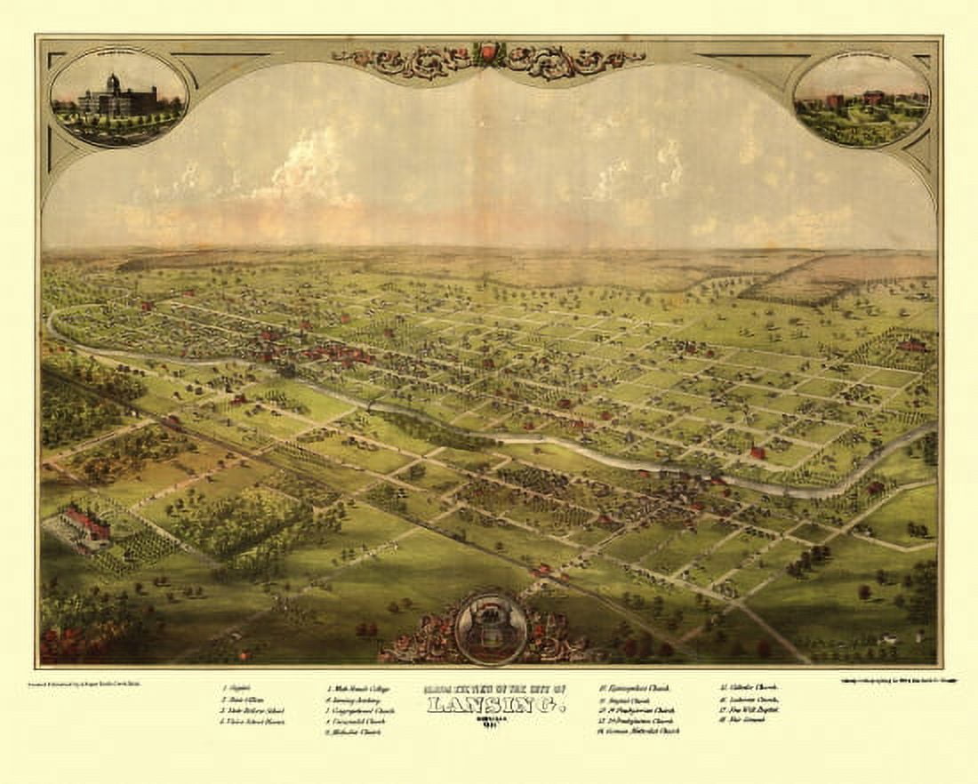 Antique Map of Lansing Michigan 1866 Ingham County Canvas Art - (24 x 36)