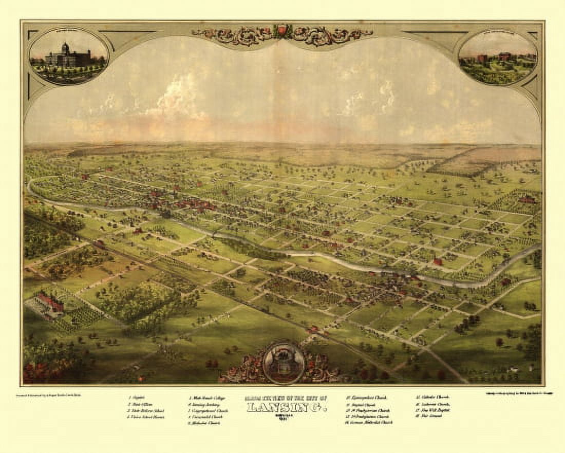 Antique Map of Lansing Michigan 1866 Ingham County Canvas Art - (36 x 54)