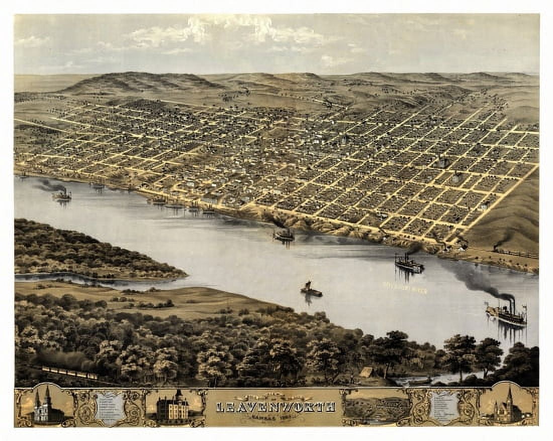 Antique Map of Leavenworth Kansas 1869 Leavenworth County Canvas Art - (18 x 24)