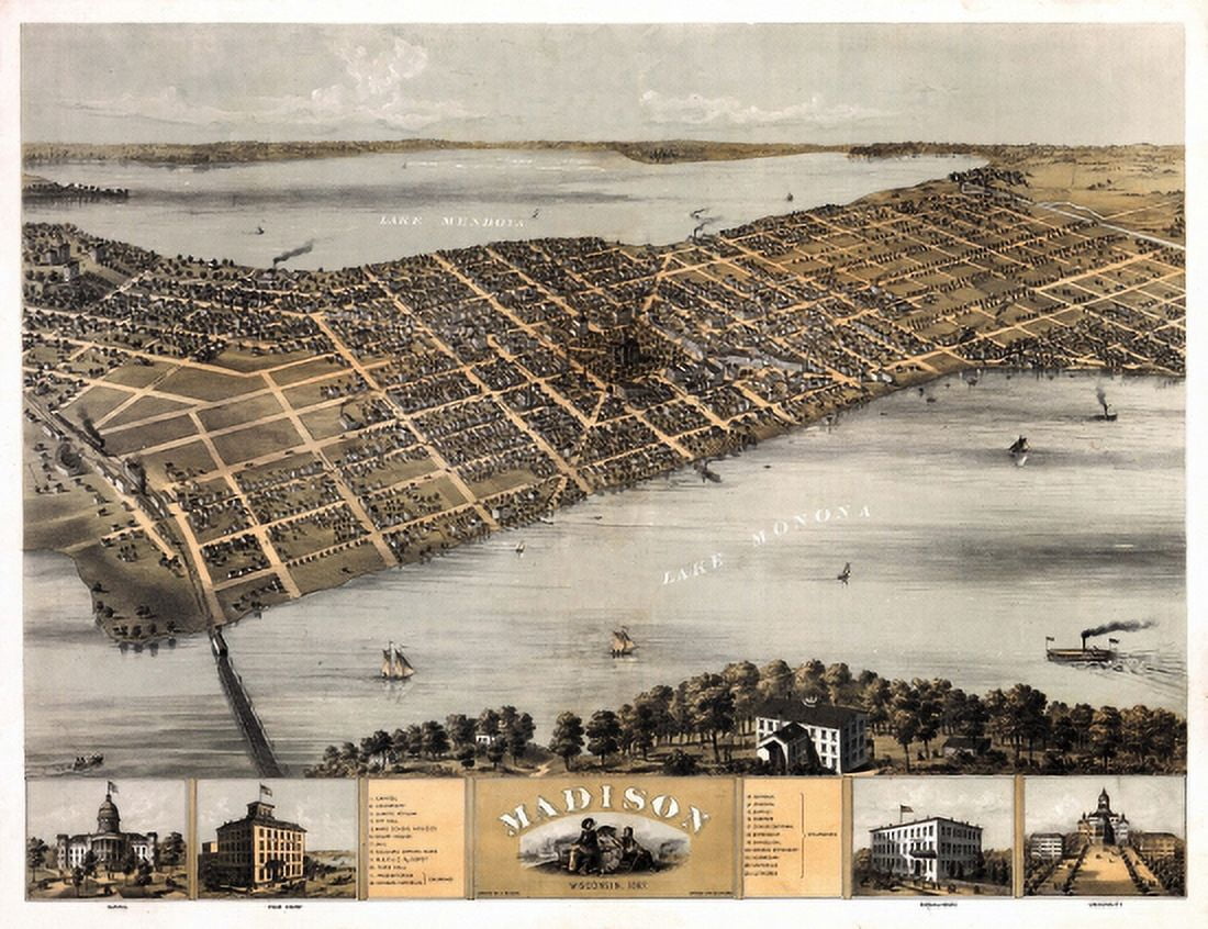 Antique Map of Madison Wisconsin 1867 Dane County Canvas Art -  (24 x 36)