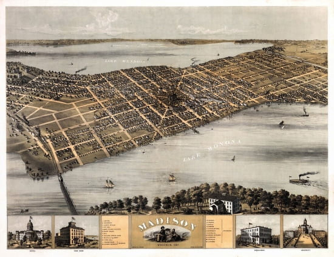 Antique Map of Madison Wisconsin 1867 Dane County Canvas Art -  (36 x 54)
