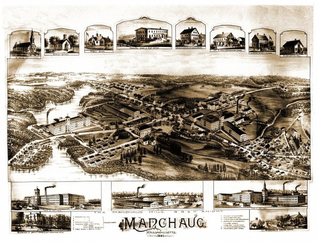 Antique Map of Manchaug Massachusetts 1891 Worcester County Canvas Art - (24 x 36)