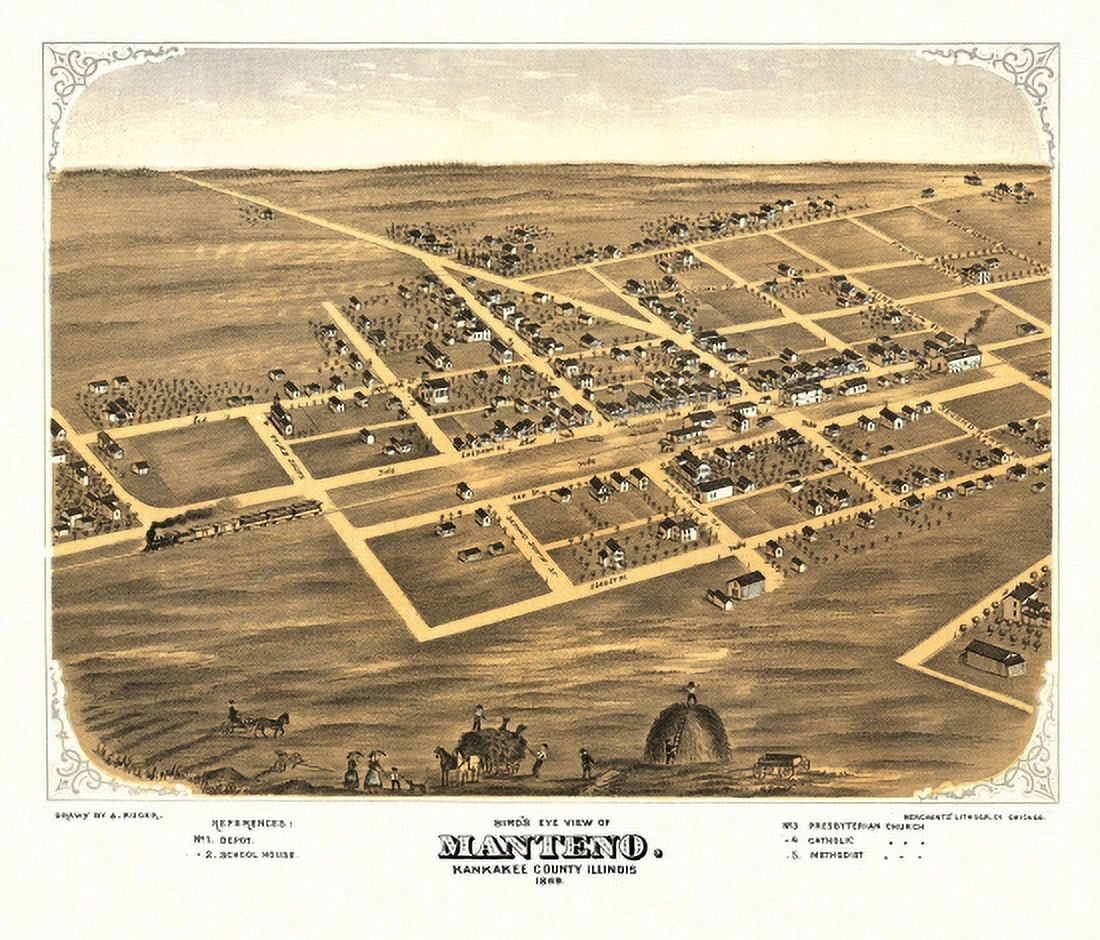Antique Map of Manteno Illinois 1869 Kankakee County Canvas Art - (18 x 24)
