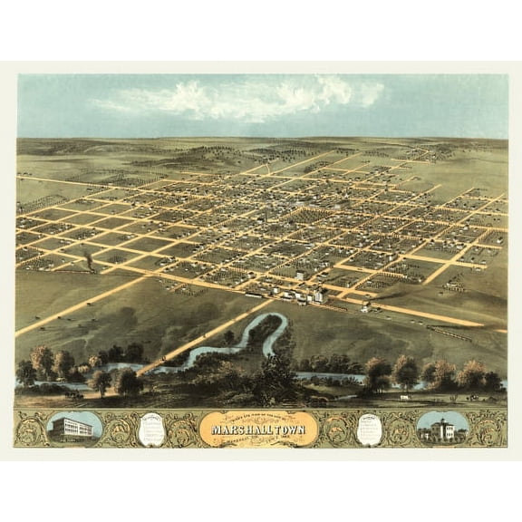 Antique Map of Marshalltown Iowa 1868 Marshall County Canvas Art - (18 x 24)