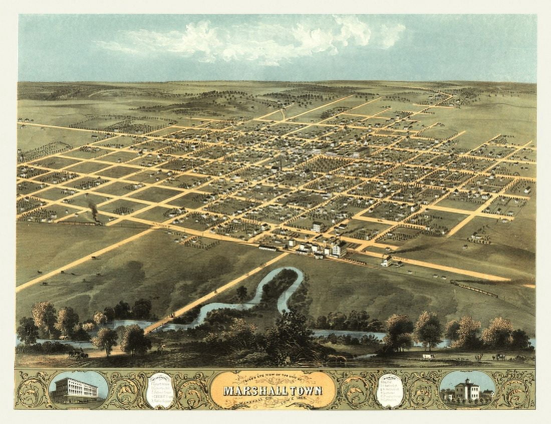 Antique Map of Marshalltown Iowa 1868 Marshall County Canvas Art -  (24 x 36)