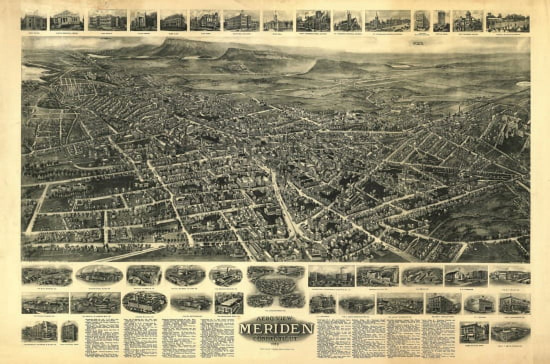 Antique Map of Meriden Connecticut 1918 New Haven County Canvas Art - (36 x 54)