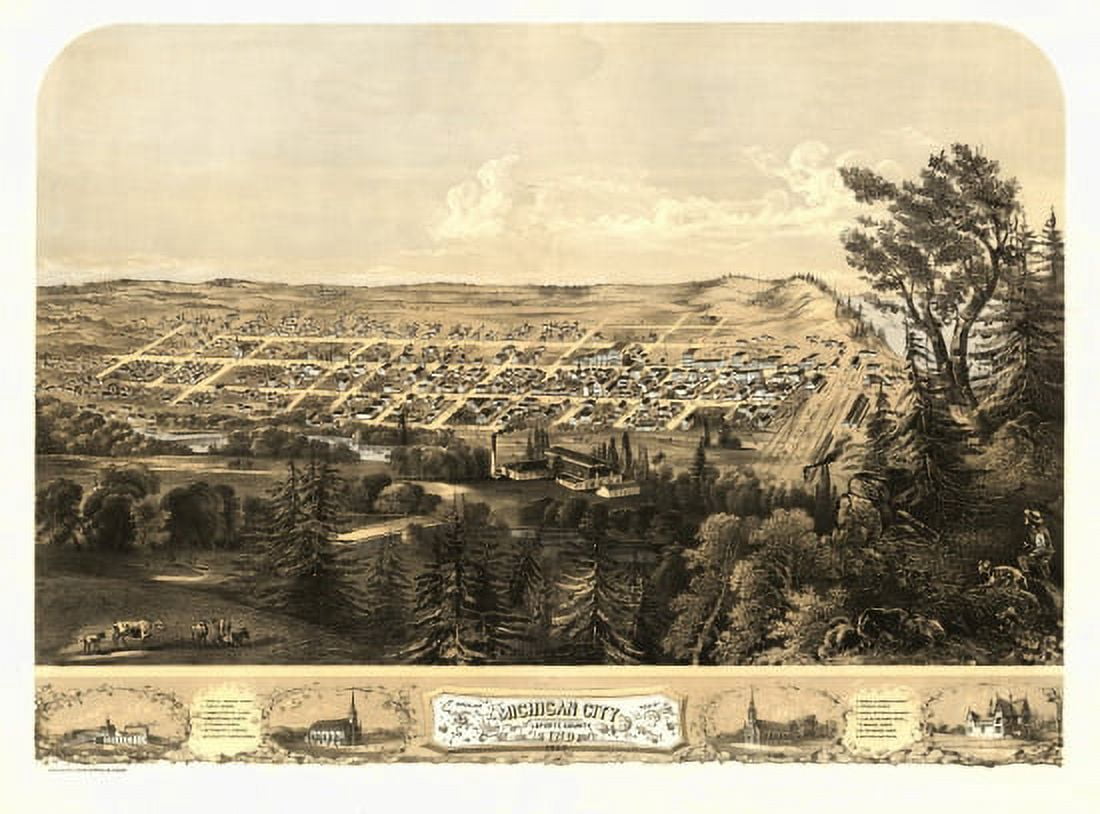 Antique Map of Michigan City Indiana 1869 LaPorte County Canvas Art - (24 x 36)