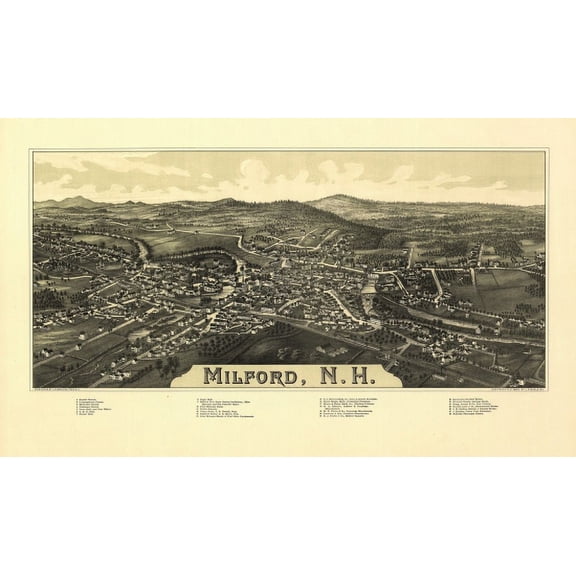 Antique Map of Milford New Hampshire 1886 Hillsborough County Canvas Art - (18 x 24)