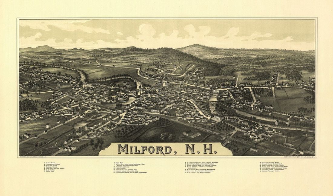 Antique Map of Milford New Hampshire 1886 Hillsborough County Canvas Art - (36 x 54)