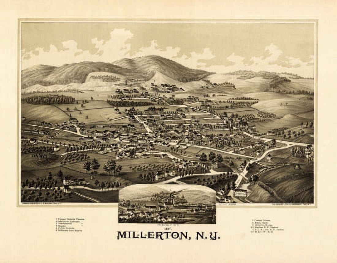 Antique Map of Millerton New York 1887 Dutchess County Canvas Art - (24 x 36)