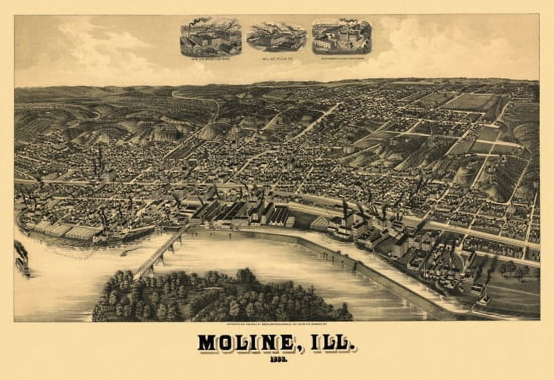 Antique Map of Moline Illinois 1889 Rock Island County Canvas Art - (24 x 36)