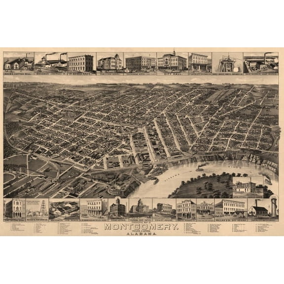 Antique Map of Montgomery Alabama 1887 Montgomery County Canvas Art - (36 x 54)
