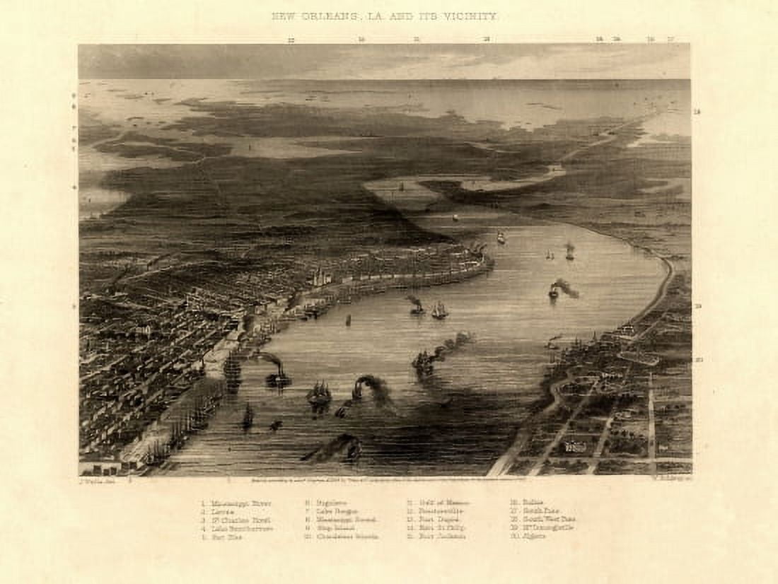Antique Map of New Orleans Louisiana 1863 Orleans Parish County Canvas Art - (36 x 54)
