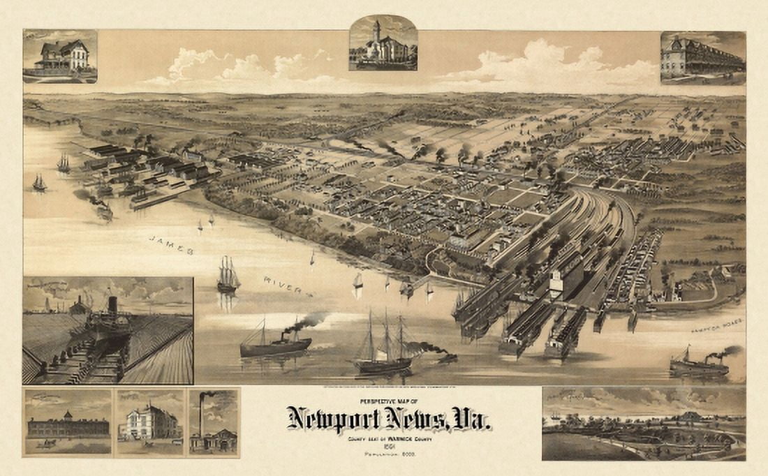 Antique Map of Newport News Virginia 1891 Warwick County Canvas Art - (24 x 36)