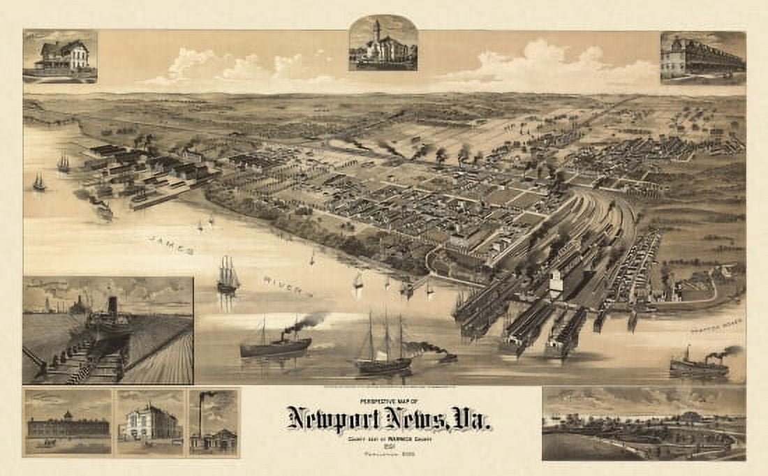 Antique Map of Newport News Virginia 1891 Warwick County Canvas Art - (36 x 54)
