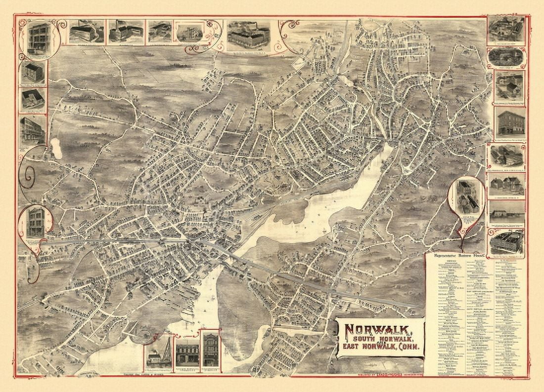 Antique Map of Norwalk Connecticut 1899 Fairfield County Canvas Art - (36 x 54)