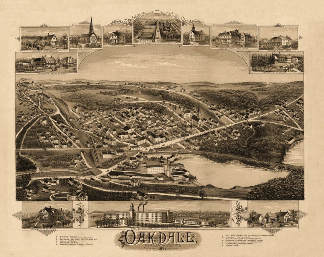 Antique Map of Oakdale Massachusetts 1891 Norfolk County Canvas Art - (36 x 54)