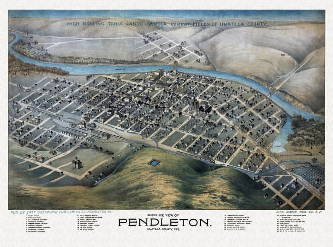 Antique Map of Pendleton Oregon 1892 Umatilla County Canvas Art - (36 x 54)