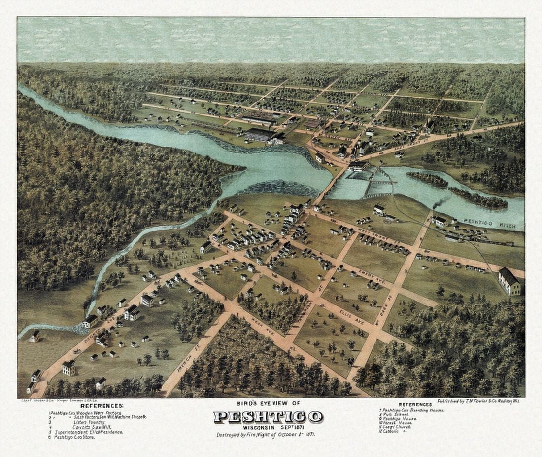 Antique Map of Peshtigo Wisconsin 1871 Marinette County Canvas Art - (24 x 36)