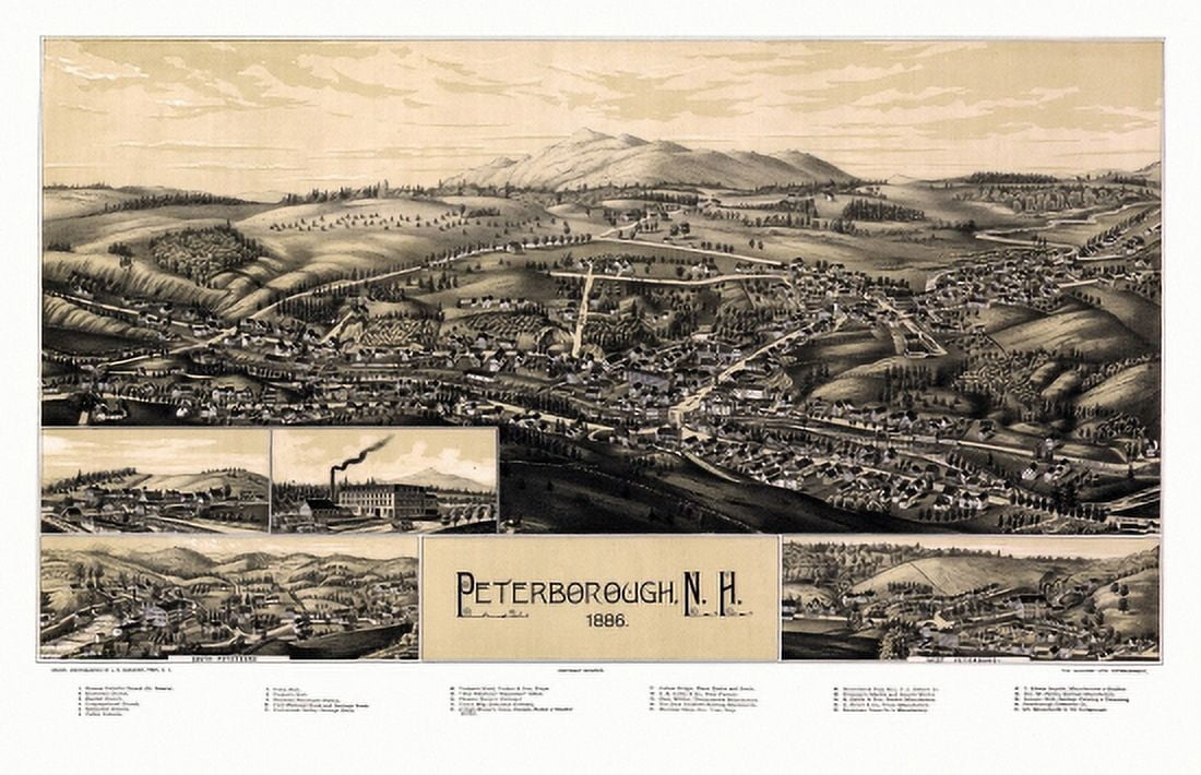Antique Map of Peterborough New Hampshire 1886 Hillsborough County Canvas Art - (36 x 54)
