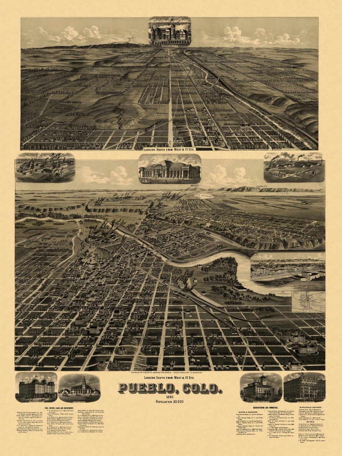 Antique Map of Pueblo Colorado 1890 Pueblo County Canvas Art - (36 x 54)
