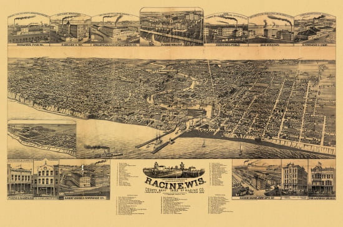 Antique Map of Racine Wisconsin 1883 Racine County Canvas Art - (24 x 36)