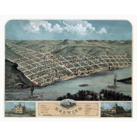 Antique Map of Redwing Minnesota 1868 Coodhue County Canvas Art - (24 x 36)
