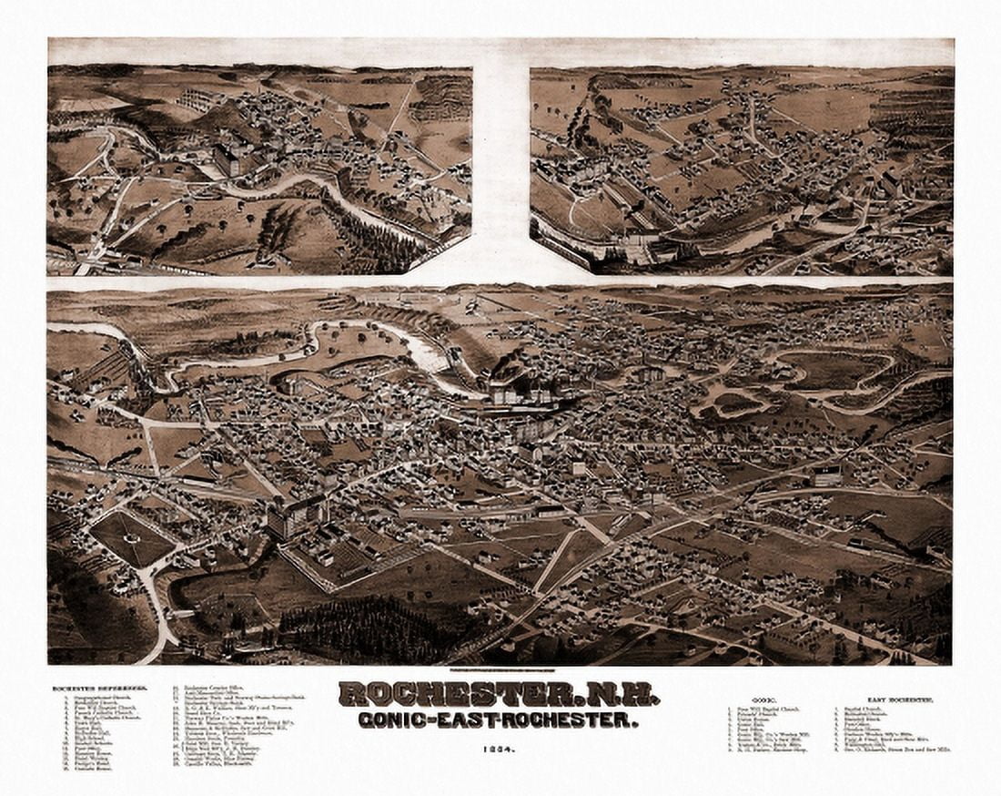 Antique Map of Rochester New Hampshire 1884 Strafford County Canvas Art - (24 x 36)
