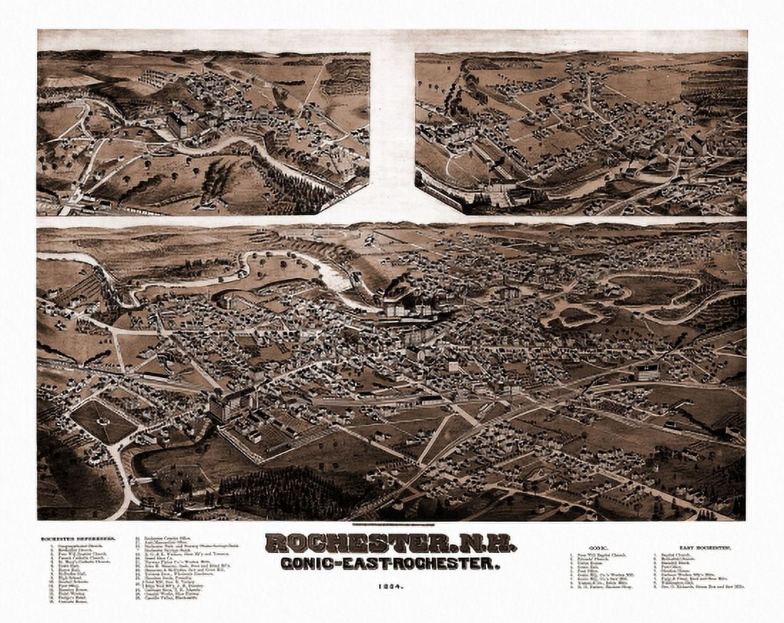 Antique Map of Rochester New Hampshire 1884 Strafford County Canvas Art - (36 x 54)