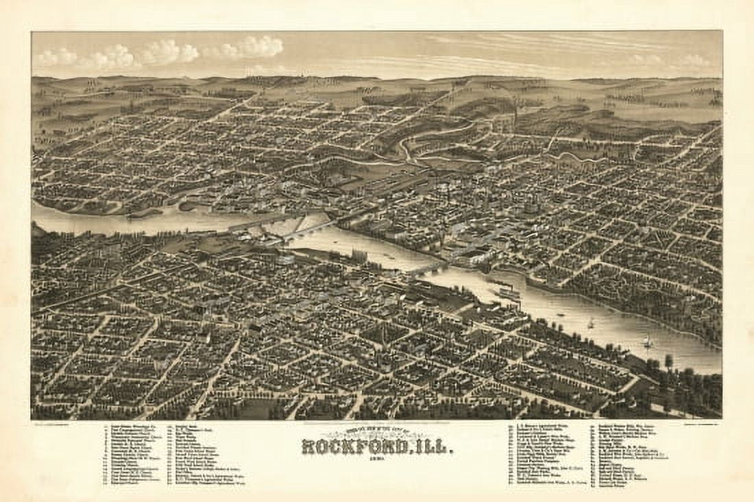 Antique Map of Rockford Illinois 1880 Winnebago County Canvas Art - (36 x 54)