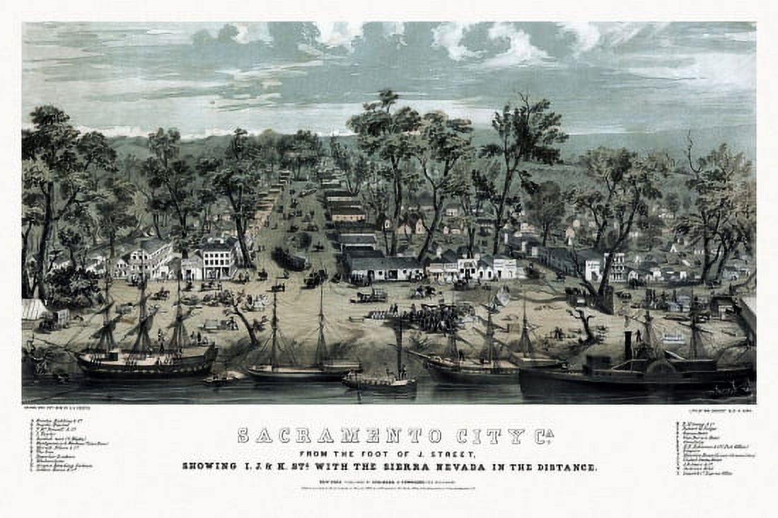 Antique Map of Sacramento city California 1849 Sacramento County Canvas Art - (36 x 54)