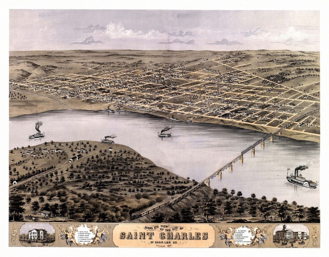 Antique Map of Saint Charles Missouri 1869 St Charles County Canvas Art - (36 x 54)