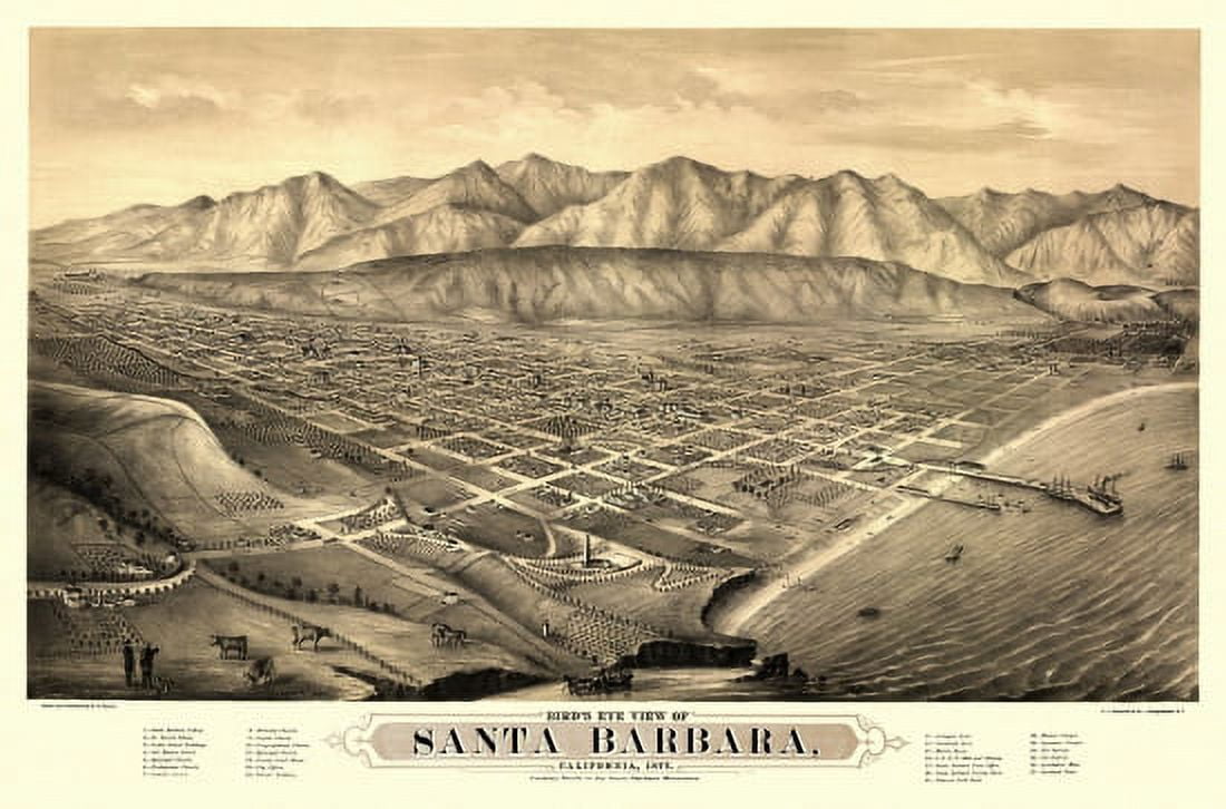 Antique Map of Santa Barbara California 1877 Santa Barbara County Canvas Art - (36 x 54)