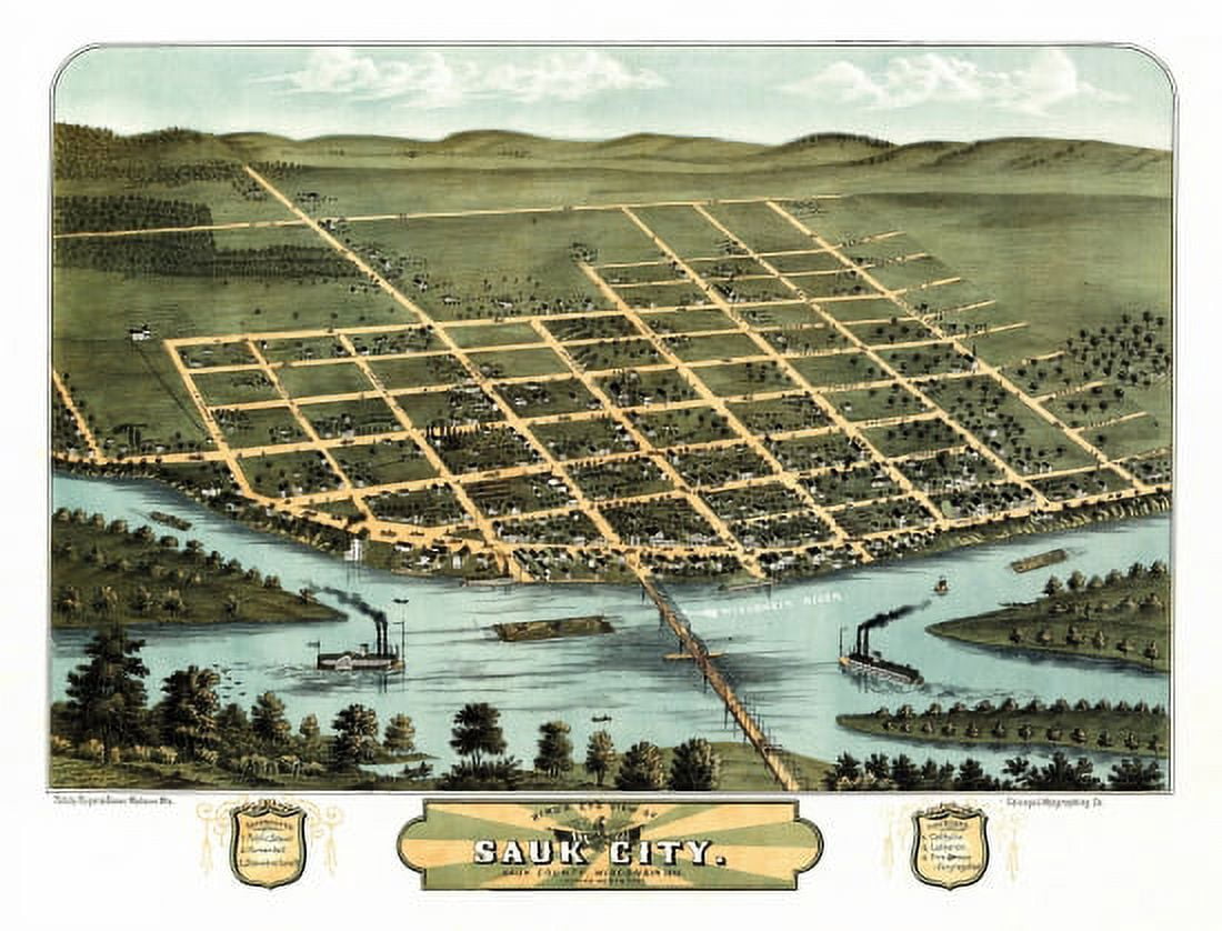 Antique Map of Sauk City Wisconsin 1870 Sauk County Canvas Art - (18 x 24)