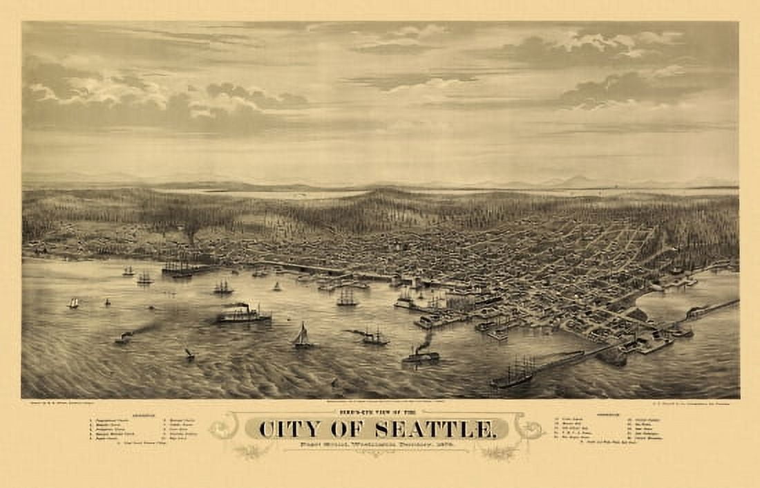 Antique Map of Seattle Washington 1878 King County Canvas Art - (24 x 36)