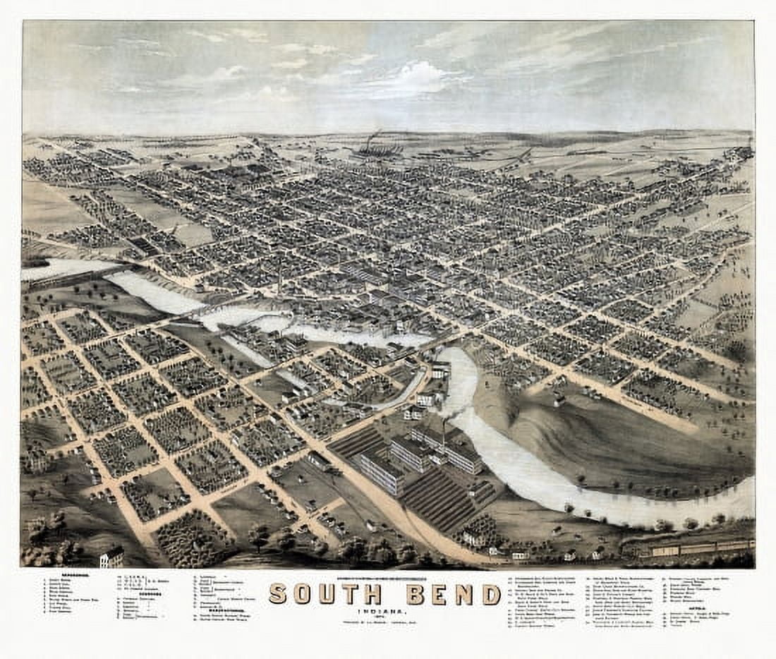 Antique Map of South Bend Indiana 1874 St Joseph County Canvas Art - (24 x 36)