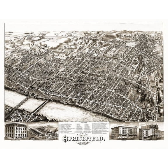Antique Map of Springfield Massachusetts 1875 Hampden County Canvas Art - (36 x 54)