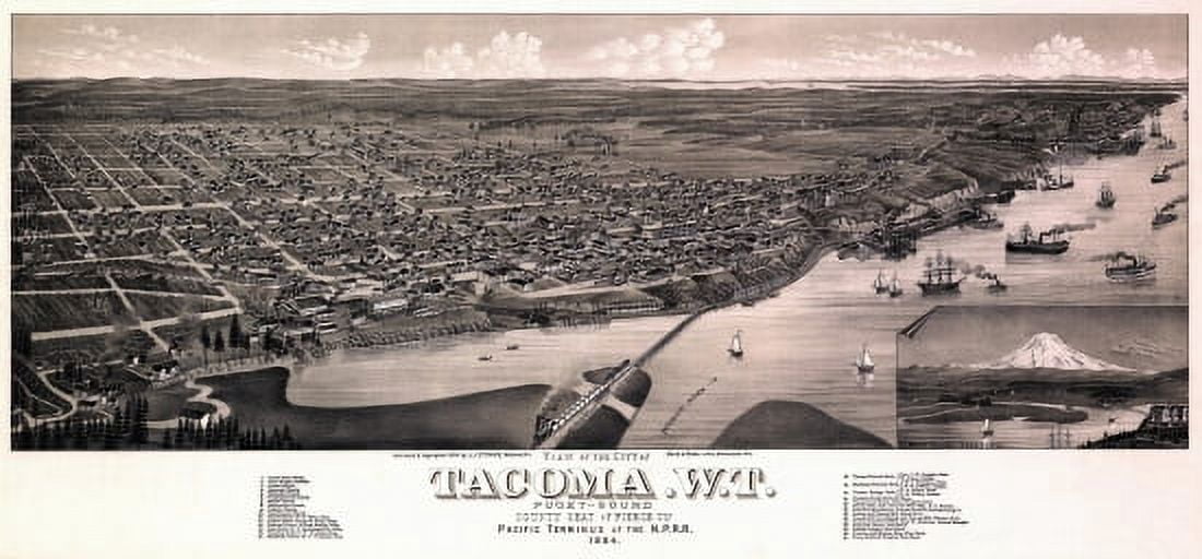 Antique Map of Tacoma Washington 1884 Pierce County Canvas Art -  (36 x 54)