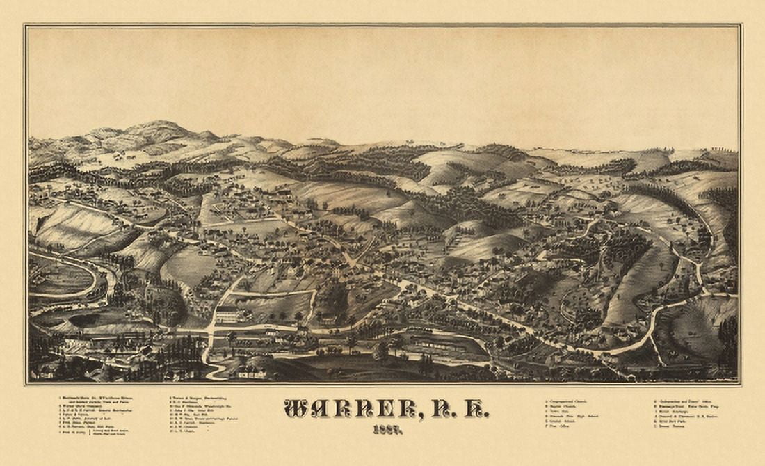 Antique Map of Warner New Hampshire 1887 Merrimack County Canvas Art - (24 x 36)