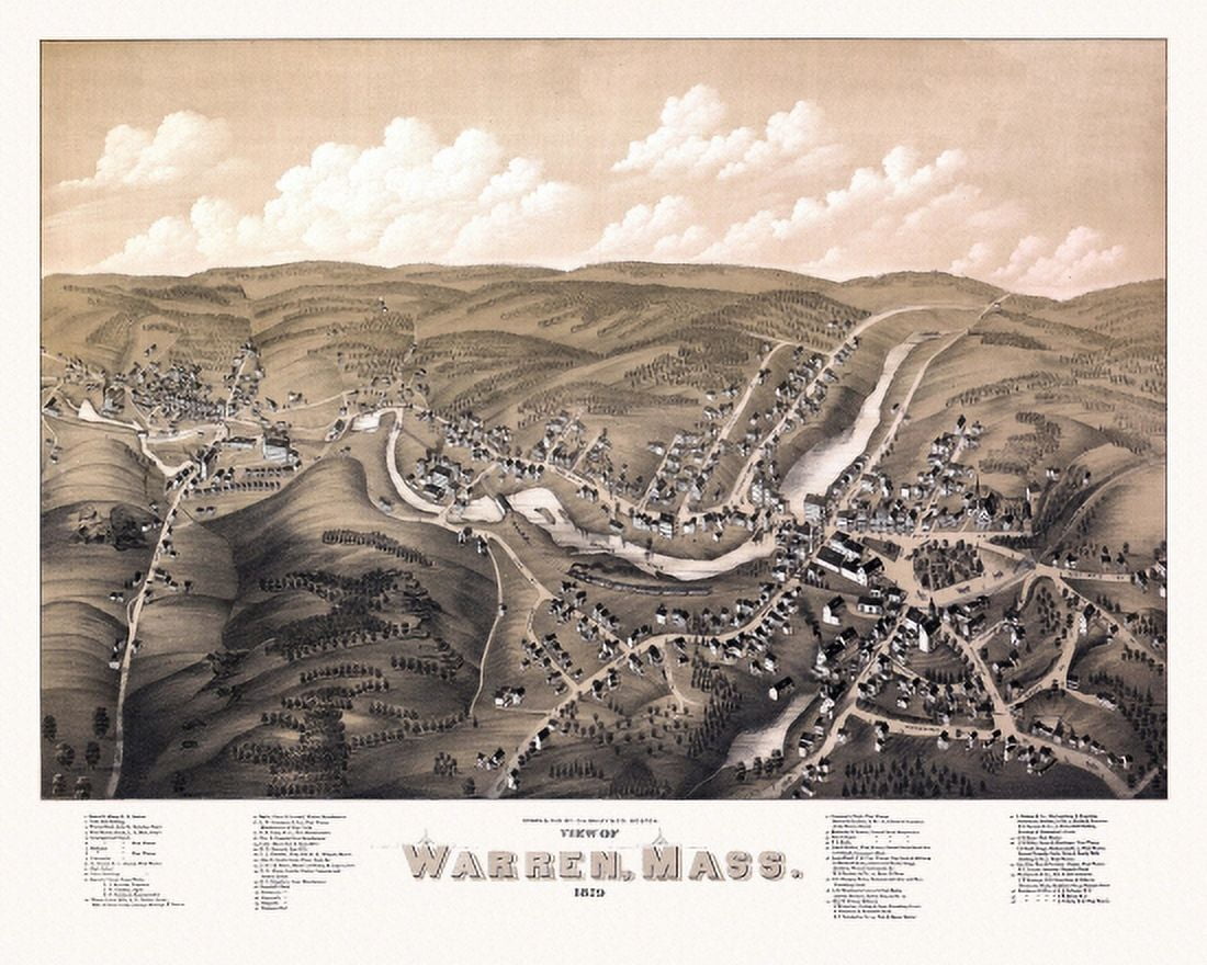 Antique Map of Warren Massachusetts 1879 Worcester County Canvas Art - (36 x 54)