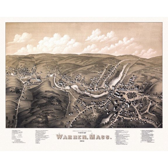 Antique Map of Warren Massachusetts 1879 Worcester County Canvas Art - (36 x 54)