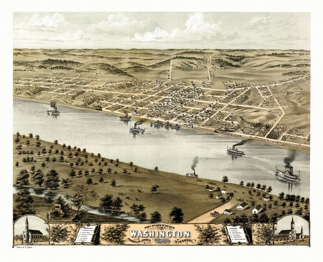 Antique Map of Washington Missouri 1869 Franklin County Canvas Art -  (18 x 24)