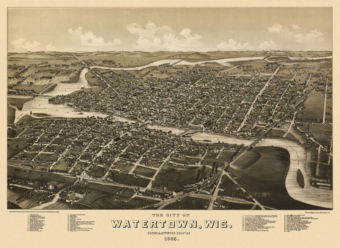Antique Map of Watertown Wisconsin 1885 Dodge County Canvas Art -  (24 x 36)
